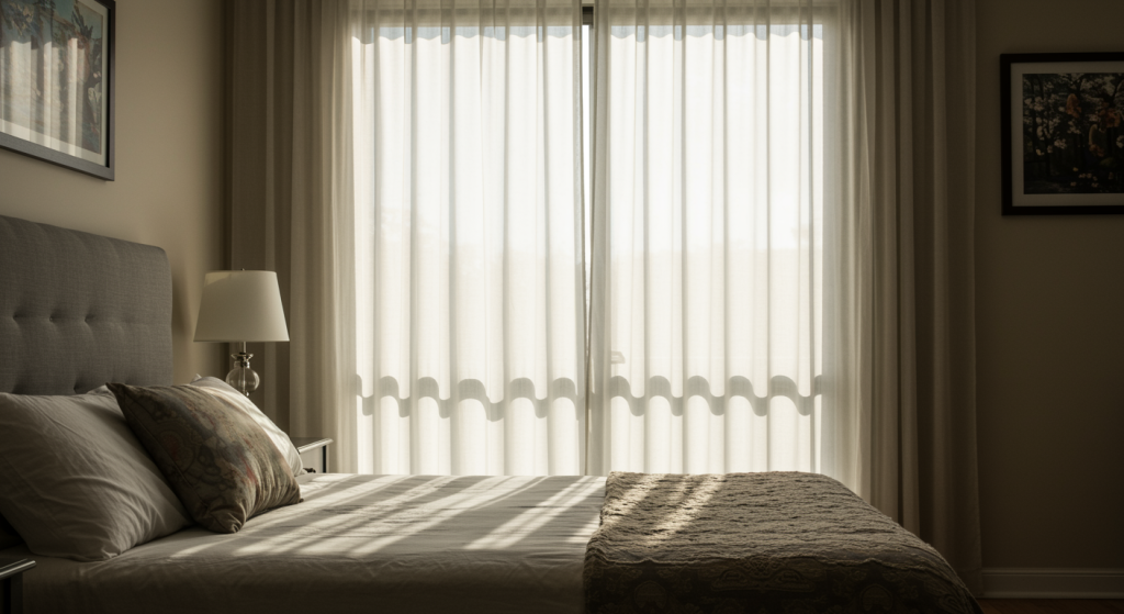 Freepik sunlit bedroom with sheer curtains soft morning li